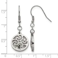 Pair of silver-toned earrings with ornate circular pendants featuring detailed spiral designs, shown at actual size against a measurement scale.