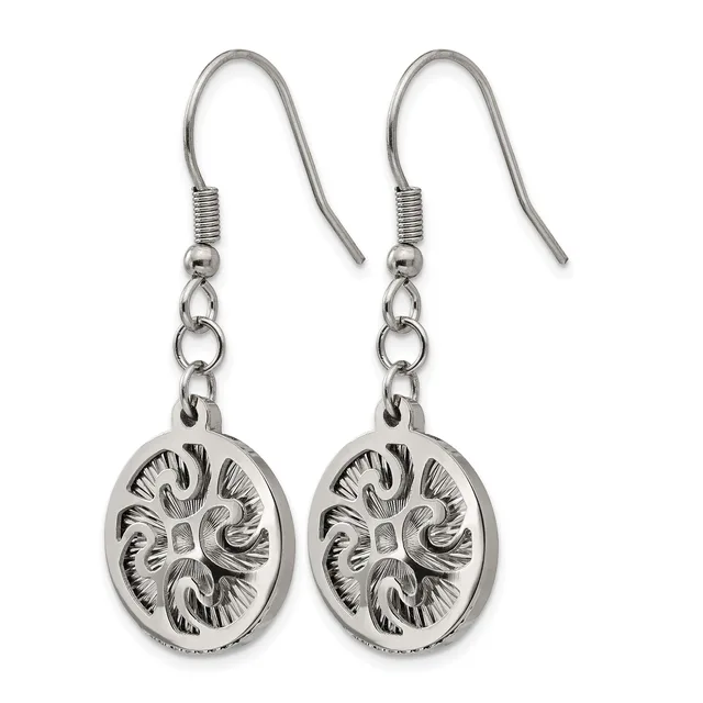Pair of silver-toned fish hook earrings with ornate oval medallion pendants featuring detailed swirling relief designs.