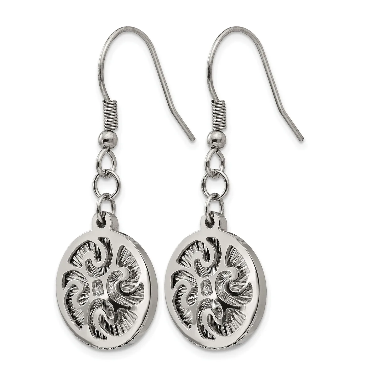 Pair of silver-toned fish hook earrings with ornate oval medallion pendants featuring detailed swirling relief designs.