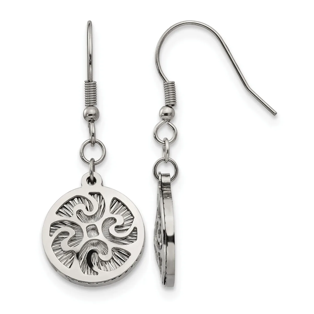 A pair of silver-toned dangle earrings with decorative circular pendants featuring an ornate sunburst pattern, suspended from curved ear wires with coiled spacer beads.