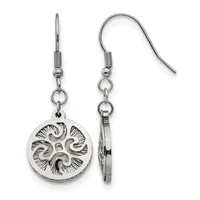 A pair of silver-toned dangle earrings with decorative circular pendants featuring an ornate sunburst pattern, suspended from curved ear wires with coiled spacer beads.