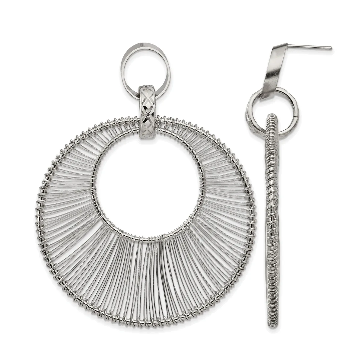 A pair of silver-tone stud earrings with large circular pendants featuring radiating wire design and matching cylindrical textured drop earrings.