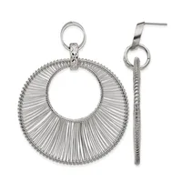 A pair of silver-tone stud earrings with large circular pendants featuring radiating wire design and matching cylindrical textured drop earrings.