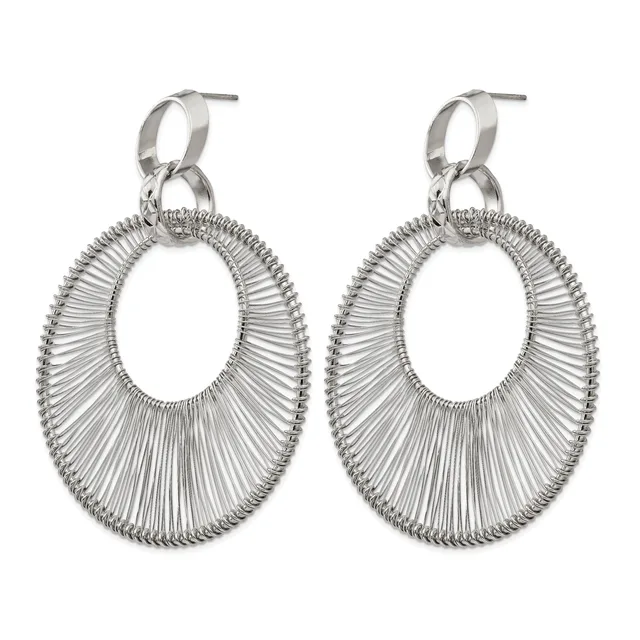 Pair of silver-toned oval dangle earrings with radiating wire texture, attached to small hoop posts.
