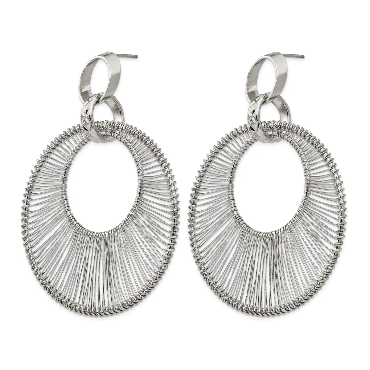 Pair of silver-toned oval dangle earrings with radiating wire texture, attached to small hoop posts.