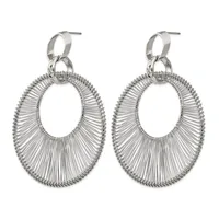 Pair of silver-toned oval dangle earrings with radiating wire texture, attached to small hoop posts.