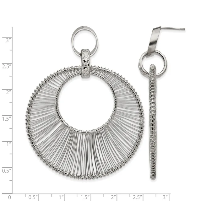 A pair of silver earrings consisting of a large circular fan-shaped pendant and a long textured chain drop, displayed against a measurement grid.