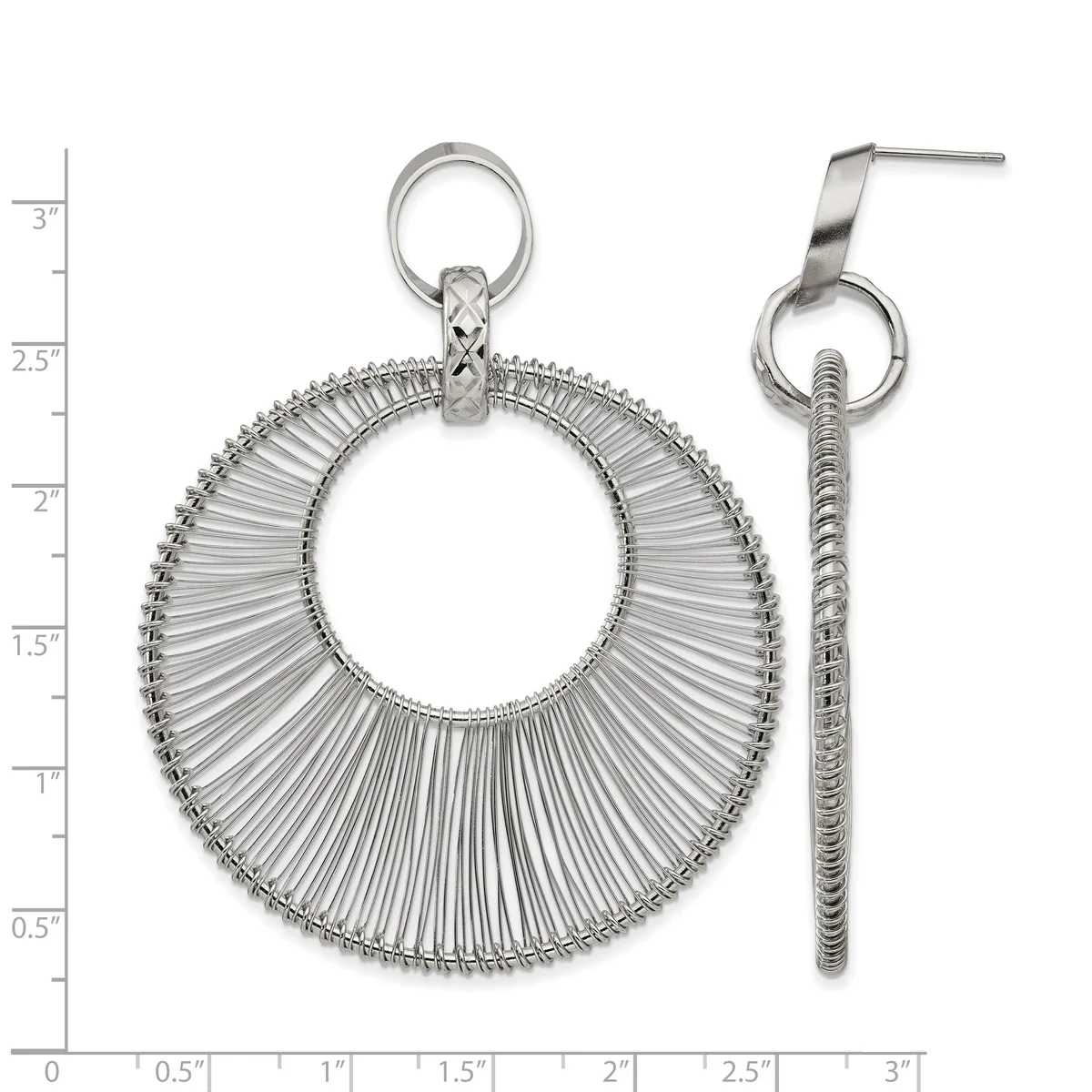 A pair of silver earrings consisting of a large circular fan-shaped pendant and a long textured chain drop, displayed against a measurement grid.