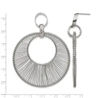 A pair of silver earrings consisting of a large circular fan-shaped pendant and a long textured chain drop, displayed against a measurement grid.
