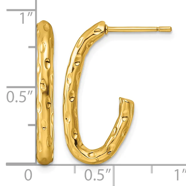 Pair of gold textured hoop earrings with a hammered surface pattern, shown next to a ruler measuring approximately one inch in length.