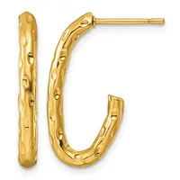 Pair of gold hoop earrings with textured surface featuring oval indentations, shown from front and side views on posts with backs.