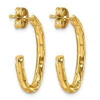 Pair of gold hoop earrings with a hammered textured surface and stud backs, displayed against a white background.