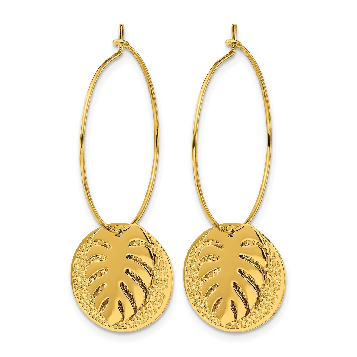 Pair of gold-toned hoop earrings with circular leaf-patterned pendants hanging from elongated oval loops.