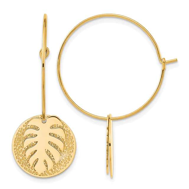 Gold-toned hoop earrings with one featuring a circular pendant stamped with a leaf design, shown from front and side views.
