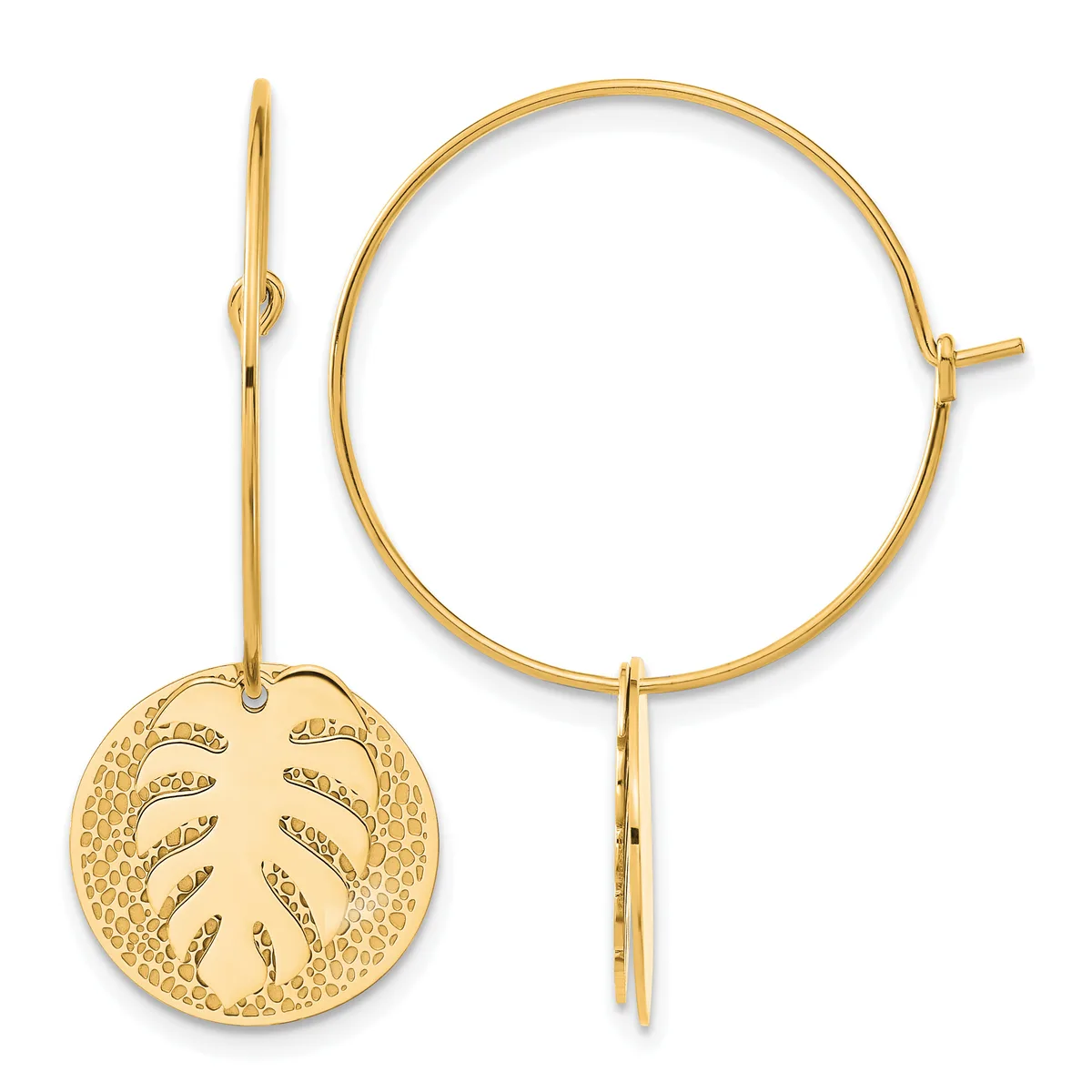 Gold-toned hoop earrings with one featuring a circular pendant stamped with a leaf design, shown from front and side views.