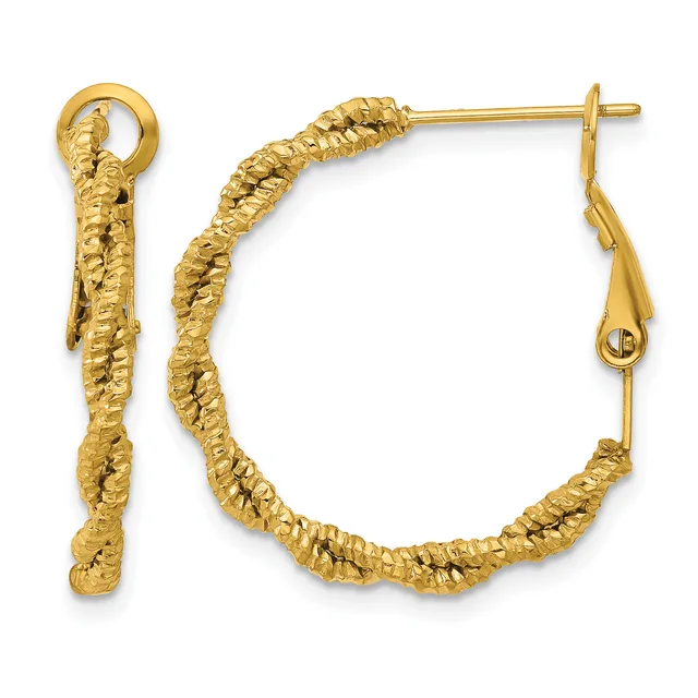 Pair of gold textured hoop earrings with twisted rope detail and hinged posts, shown from front and side views.