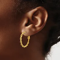A person wearing a gold twisted hoop earring in their earlobe, shown in profile against a dark background.