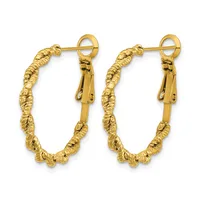 Pair of gold textured hoop earrings with hinged backs, featuring a twisted rope-like surface pattern throughout.