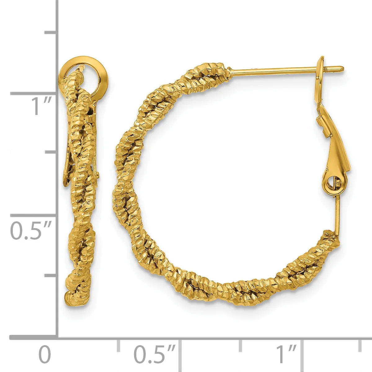 Gold-colored textured hoop earrings with a twisted rope pattern, displayed on a measurement scale showing approximately one inch in length.