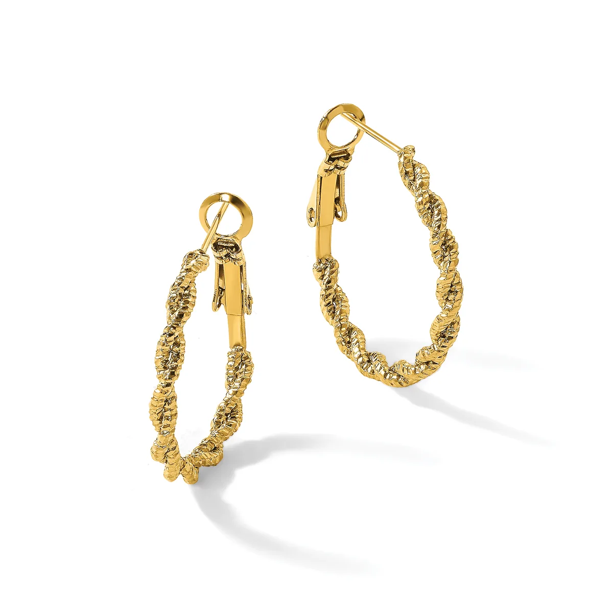 A pair of gold twisted hoop earrings with textured surfaces and hinged closures, displayed side by side against a white background.