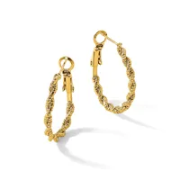 A pair of gold twisted hoop earrings with textured surfaces and hinged closures, displayed side by side against a white background.