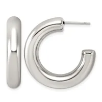 Pair of polished silver-tone chunky hoop earrings with post and clutch backs, shown from the front and side.