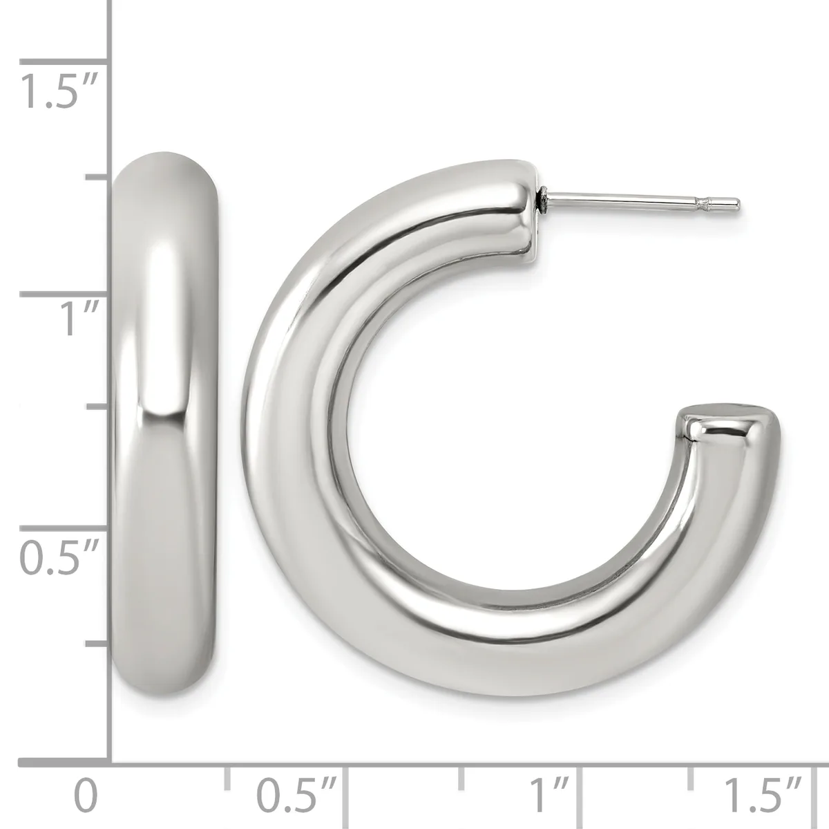 Polished silver-toned chunky curved hoop earrings displayed against a measurement scale showing approximately 1.5 inches in height and 0.5 inches in width.