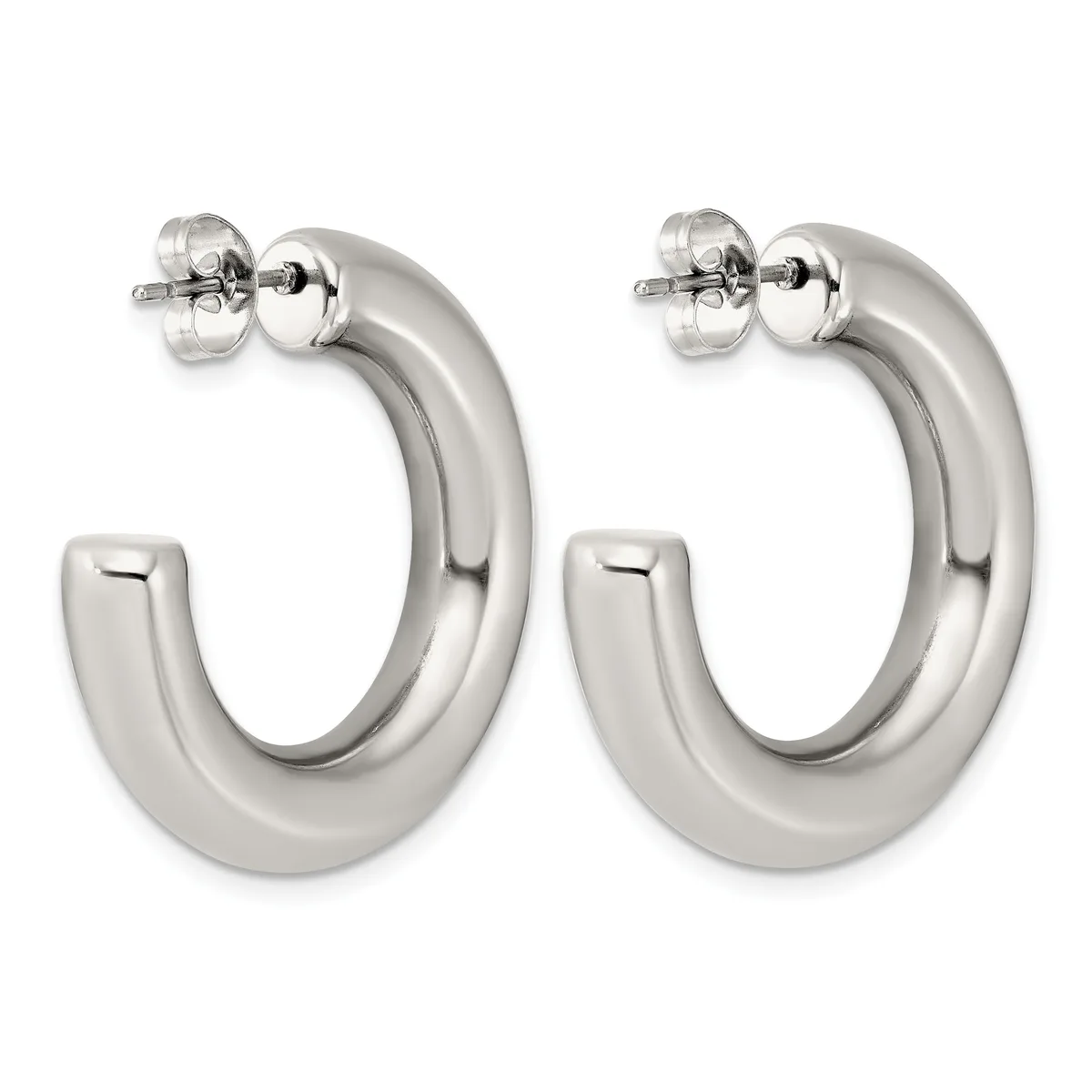 A pair of polished silver-toned chunky hoop earrings with stud posts and butterfly backs, displayed side by side.
