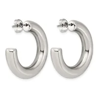 A pair of polished silver-toned chunky hoop earrings with stud posts and butterfly backs, displayed side by side.