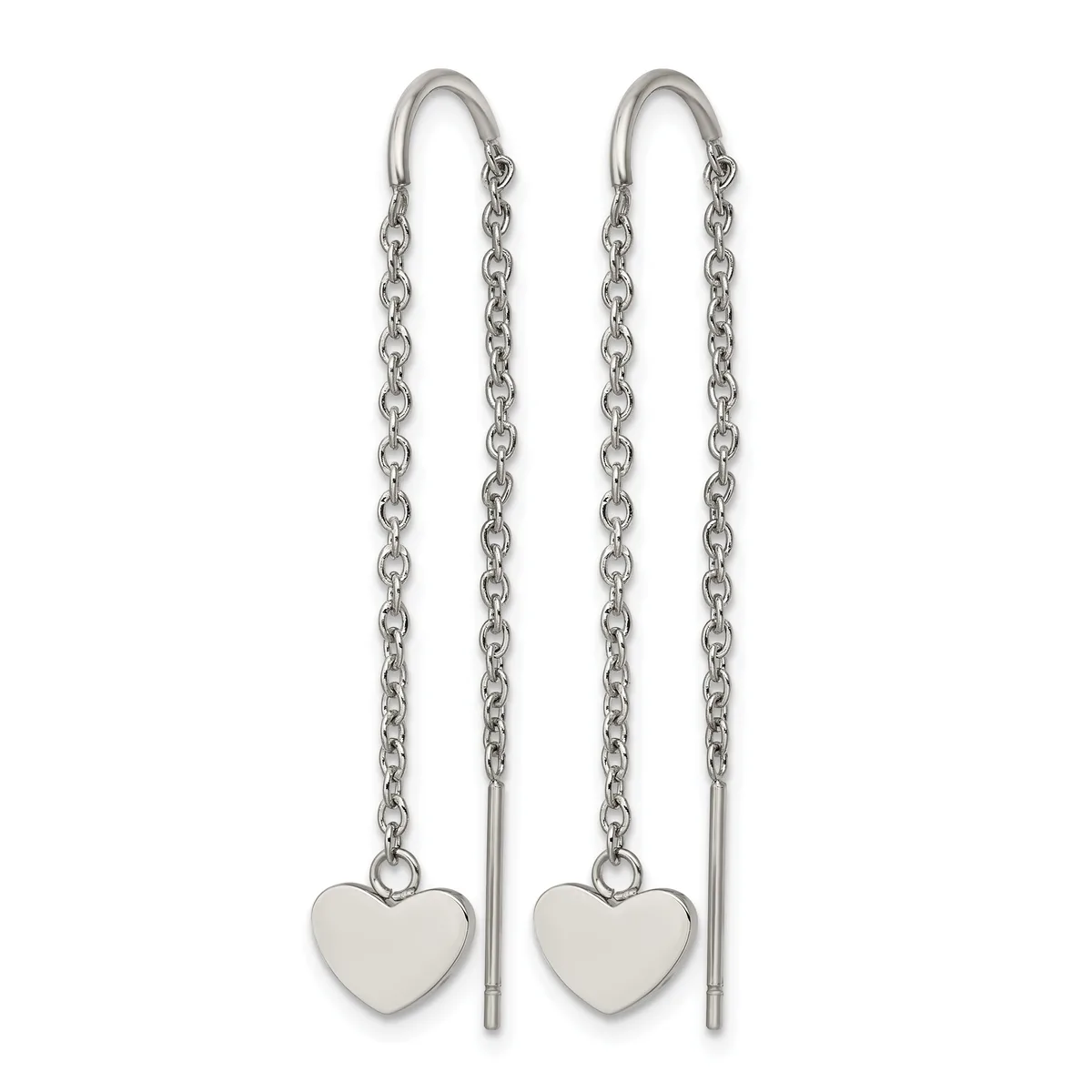 Pair of silver threader earrings with chain strands and small heart charms hanging from curved ear wires.