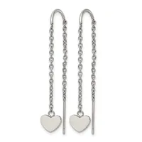 Pair of silver threader earrings with chain strands and small heart charms hanging from curved ear wires.