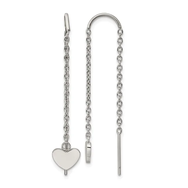 Pair of silver threader earrings with chain strands, one featuring a polished heart charm and the other with a plain bar terminal.