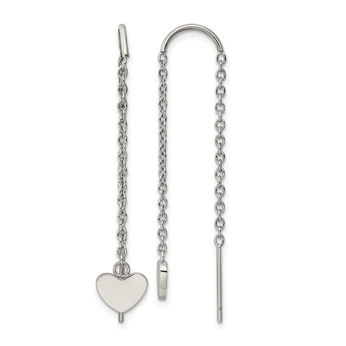 Pair of silver threader earrings with chain strands, one featuring a polished heart charm and the other with a plain bar terminal.