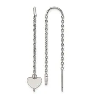 Pair of silver threader earrings with chain strands, one featuring a polished heart charm and the other with a plain bar terminal.