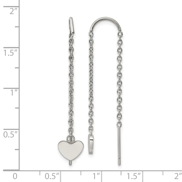 Silver-toned threader earrings with chain and heart charm shown next to a ruler measuring approximately two inches in length.