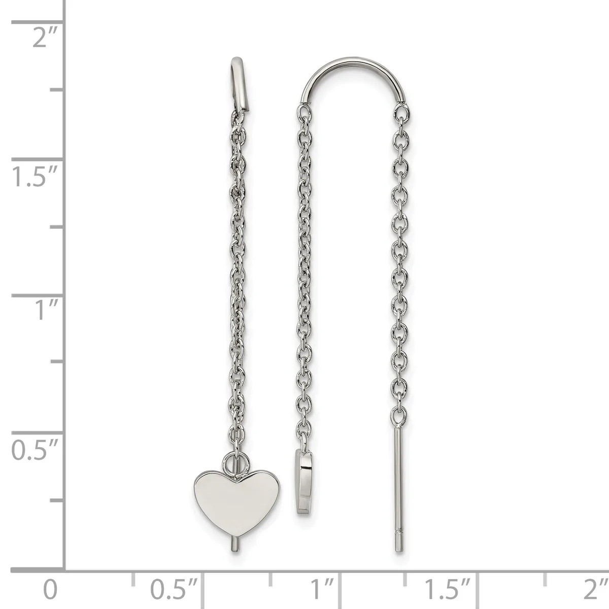 Silver-toned threader earrings with chain and heart charm shown next to a ruler measuring approximately two inches in length.