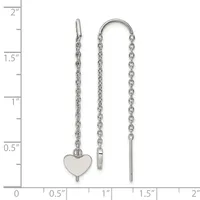 Silver-toned threader earrings with chain and heart charm shown next to a ruler measuring approximately two inches in length.