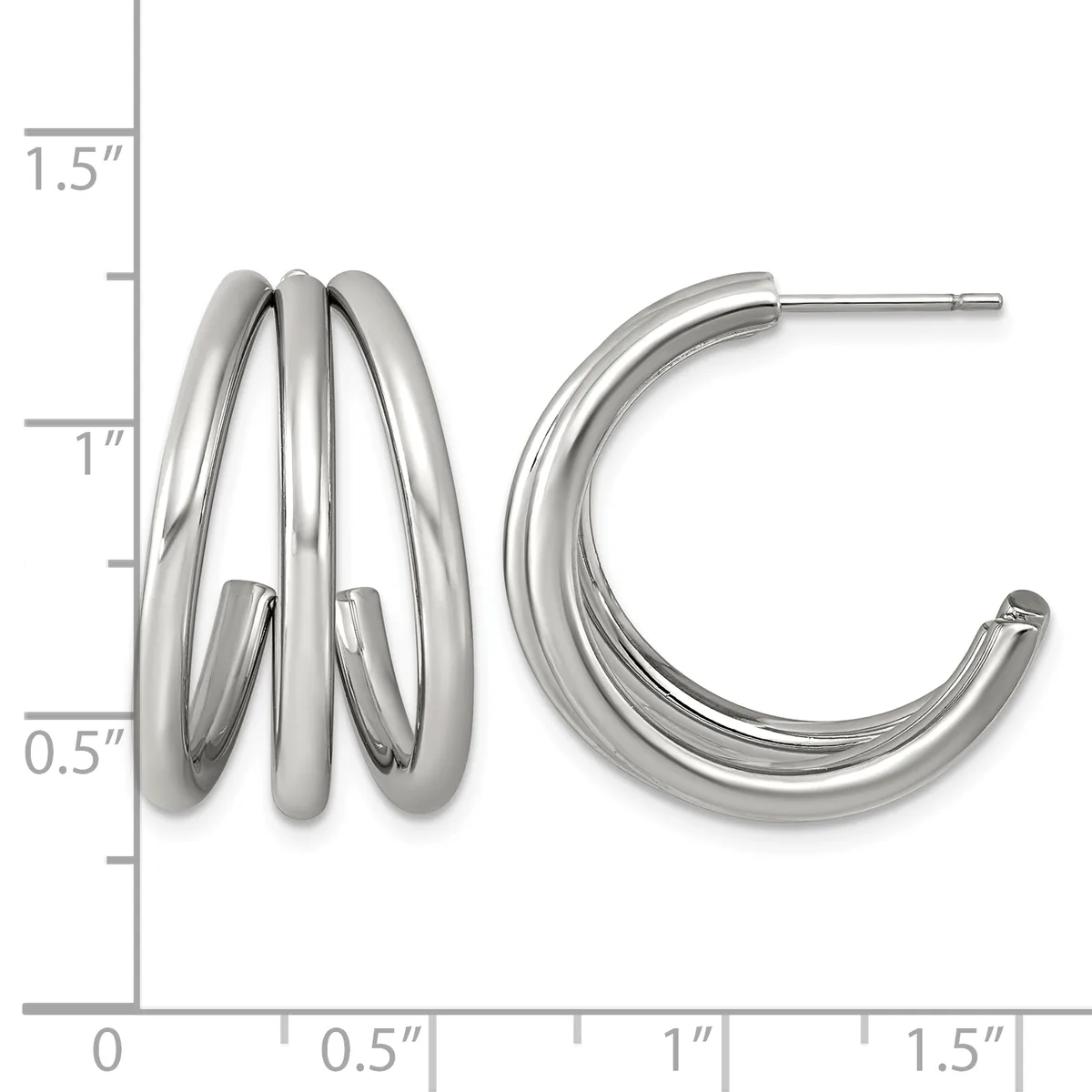 Two polished silver hoop earrings displayed next to a measurement scale, one with triple stacked tubes and one with smooth curved bands.