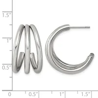 Two polished silver hoop earrings displayed next to a measurement scale, one with triple stacked tubes and one with smooth curved bands.