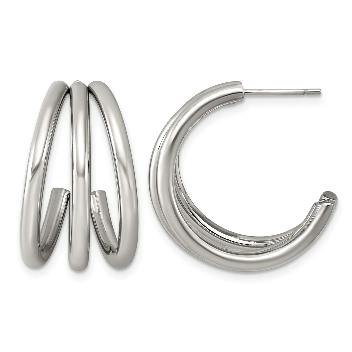 Pair of silver-toned hoop earrings, one with three stacked curved tubes and one with a single curved tube, displayed against a white background.