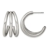 Pair of silver-toned hoop earrings, one with three stacked curved tubes and one with a single curved tube, displayed against a white background.