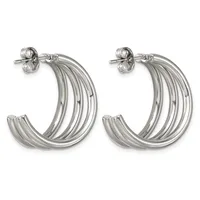 A pair of silver hoop earrings with multiple parallel ridged bands, shown from the front against a white background.