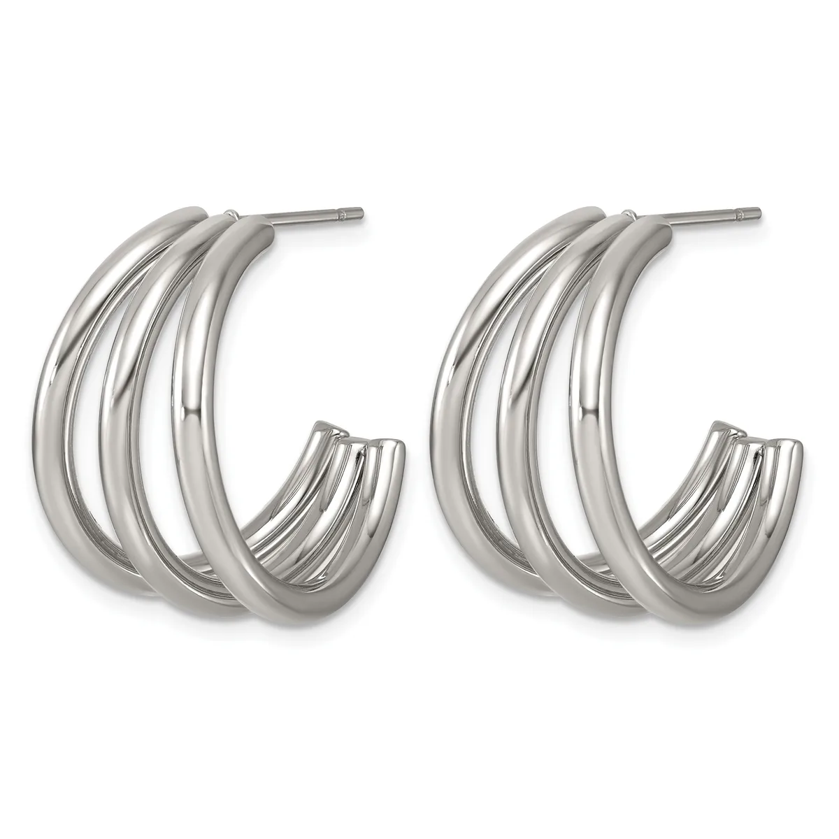 A pair of polished silver triple-band curved hoop earrings with post and butterfly backs, shown from the front.