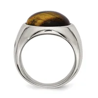 Silver ring with a polished band and a domed cabochon of golden brown tiger's eye stone set on top.
