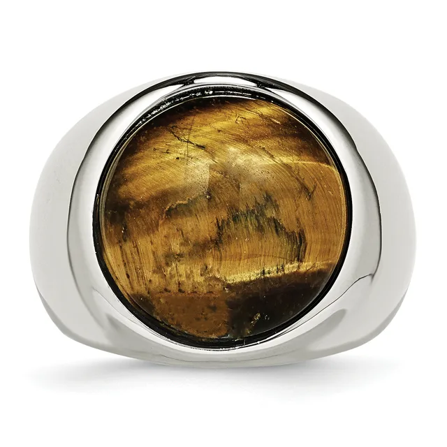 A polished silver ring with a large rounded rectangular face set with a smoky amber-colored stone, displayed against a white background.