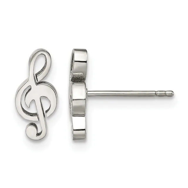 Pair of silver treble clef stud earrings shown from front and back views, featuring polished finish with post and backing.