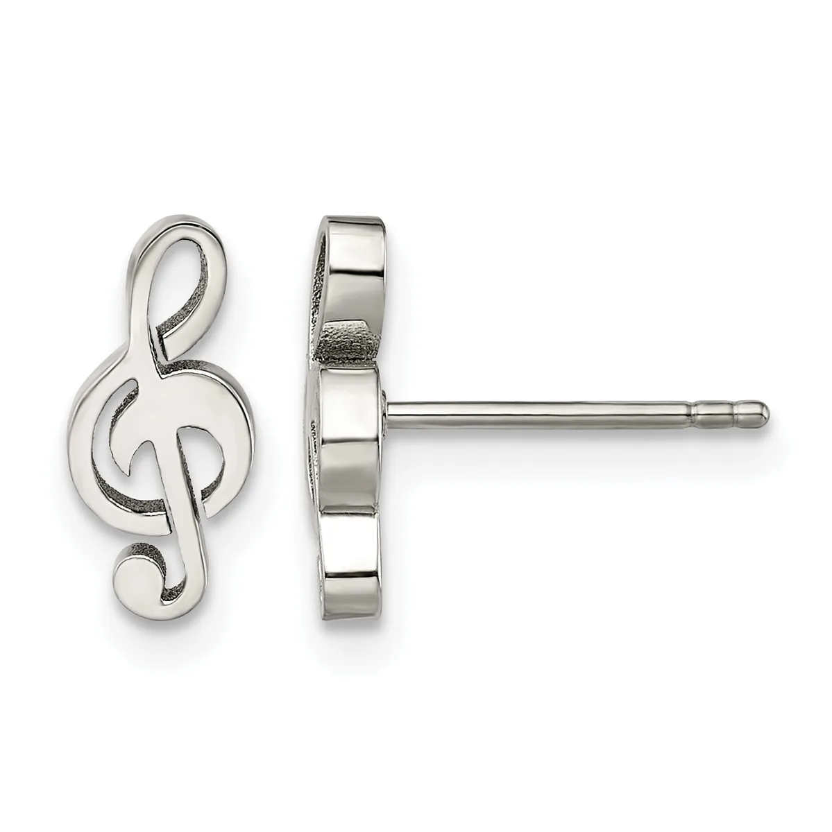 Pair of silver treble clef stud earrings shown from front and back views, featuring polished finish with post and backing.