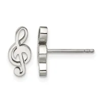 Pair of silver treble clef stud earrings shown from front and back views, featuring polished finish with post and backing.