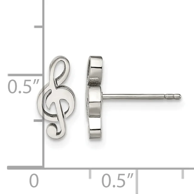 Pair of silver treble clef stud earrings shown front and back view with measurement scale indicating 0.5 inch height.