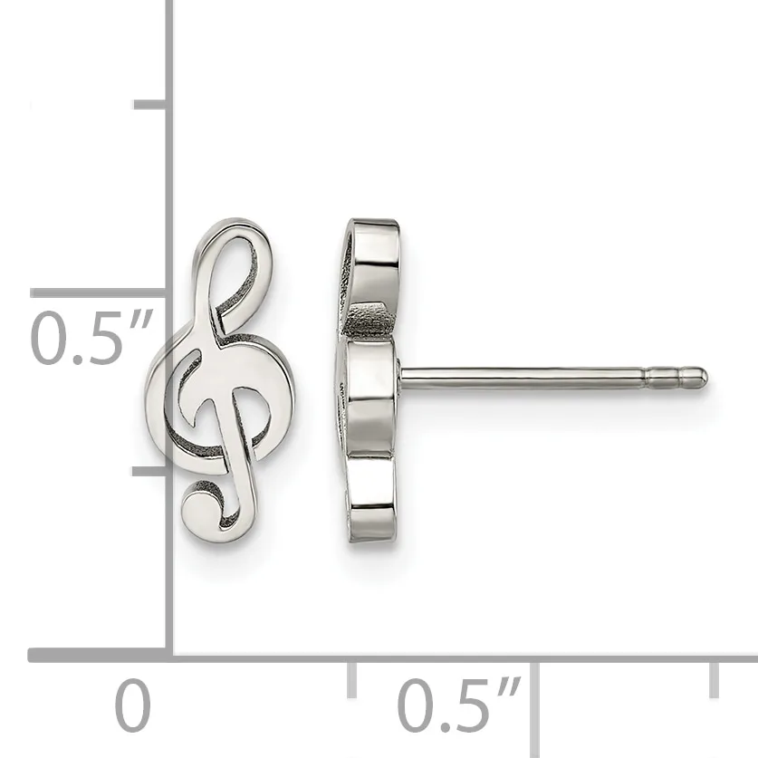 Pair of silver treble clef stud earrings shown front and back view with measurement scale indicating 0.5 inch height.